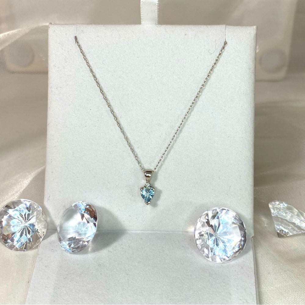 14K WHITE GOLD aquamarine and diamond heart necklace 18” REAL GOLD